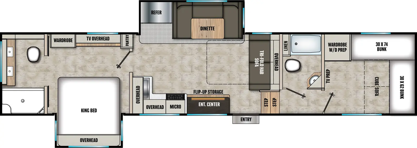 The Phoenix 355FBX floorplan has one entry and two slide outs. Exterior features include: fiberglass exterior and 20' awning. Interiors features include: bunk beds, u-dinette, rear bathroom and two full bathrooms.